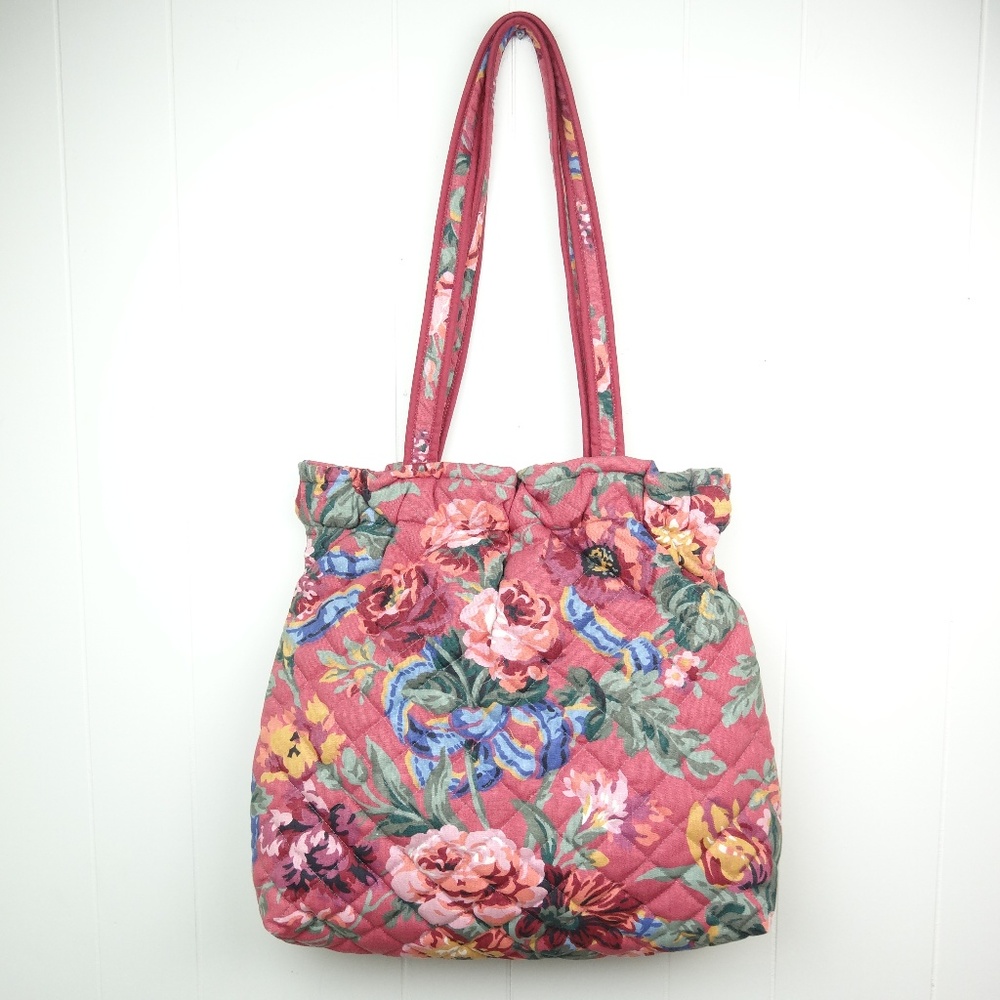 VINTAGE 70s 80s Quilted Tote Bag Large Pink Floral